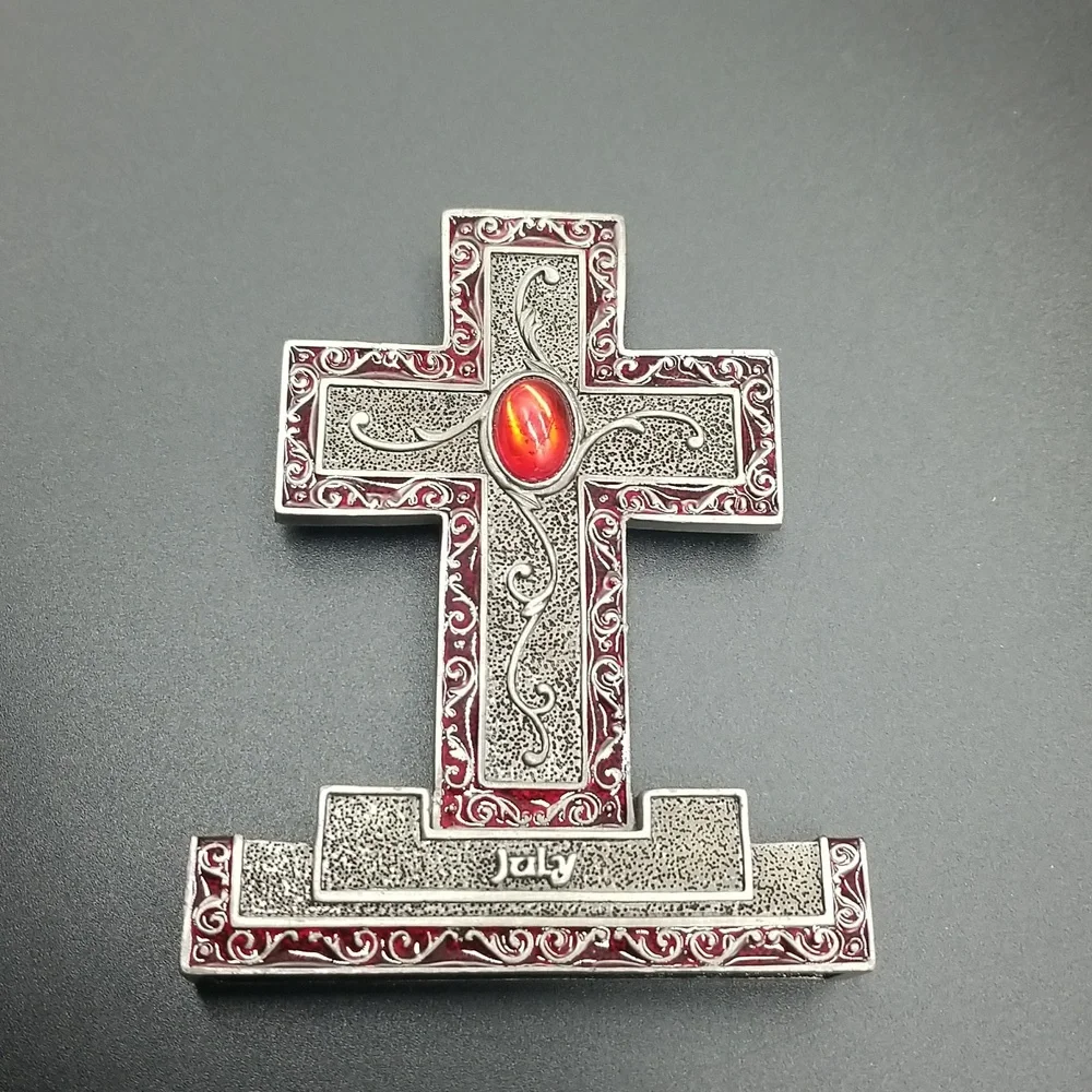 Ornate Pewter 2003 "July" Birthday Ruby Red Gemstone Standing Cross Statue - Picture 7 of 11